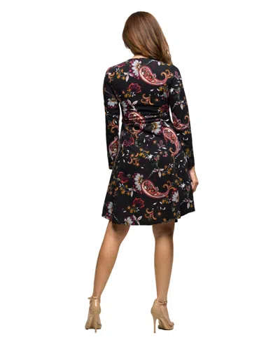 24seven Comfort Apparel Women's Black Paisley Print Long Sleeve Fit And Flare Dress In Multi