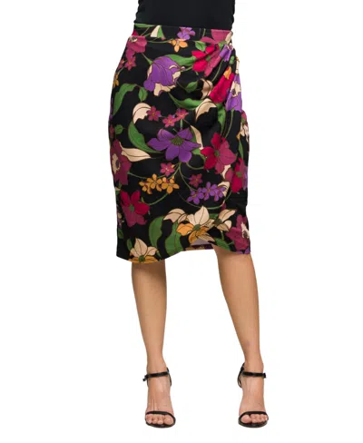 24seven Comfort Apparel Women's Black Multi Floral Print Midi Pencil Skirt In Multi