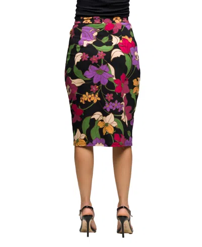 24seven Comfort Apparel Women's Black Multi Floral Print Midi Pencil Skirt In Multi
