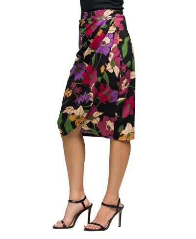 24seven Comfort Apparel Women's Black Multi Floral Print Midi Pencil Skirt In Multi