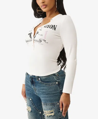 True Religion Women's Ls Printed Ribbed Henley Top In White