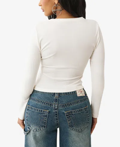 True Religion Women's Ls Printed Ribbed Henley Top In White