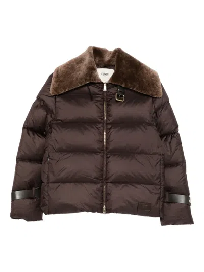Fendi Women Brown Down Jacket With Shearling Collar And Logo Patch On The Front In Tech Fabric Woman In Brown
