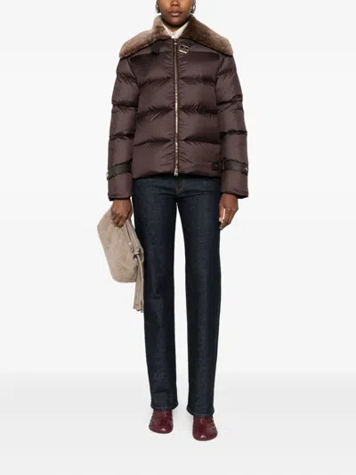 Fendi Women Brown Down Jacket With Shearling Collar And Logo Patch On The Front In Tech Fabric Woman In Brown
