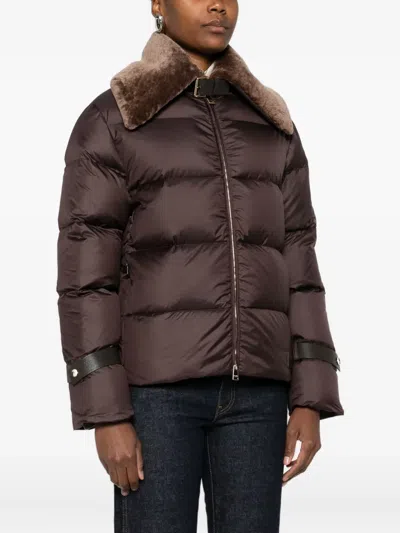 Fendi Women Brown Down Jacket With Shearling Collar And Logo Patch On The Front In Tech Fabric Woman In Brown