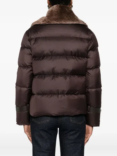 Fendi Women Brown Down Jacket With Shearling Collar And Logo Patch On The Front In Tech Fabric Woman In Brown