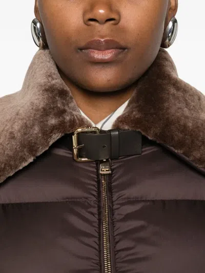 Fendi Women Brown Down Jacket With Shearling Collar And Logo Patch On The Front In Tech Fabric Woman In Brown
