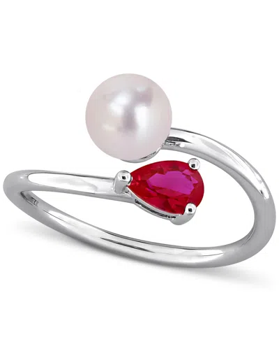 Macy's Cultured Freshwater Pearl (6mm) & Lab Grown Ruby (5/8 Ct. T.w.) Bypass Ring In Sterling Silver In Silver