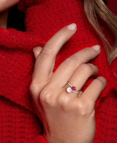 Macy's Cultured Freshwater Pearl (6mm) & Lab Grown Ruby (5/8 Ct. T.w.) Bypass Ring In Sterling Silver In Silver