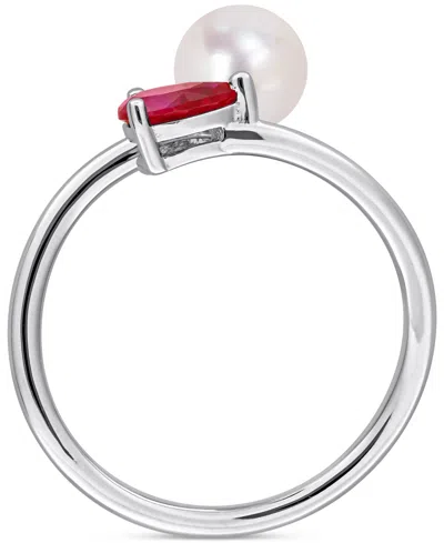Macy's Cultured Freshwater Pearl (6mm) & Lab Grown Ruby (5/8 Ct. T.w.) Bypass Ring In Sterling Silver In Silver
