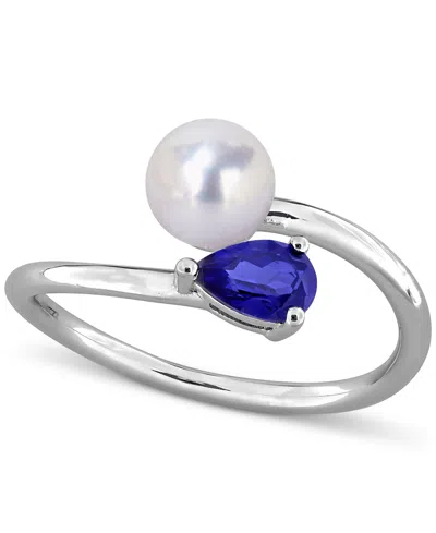 Macy's Cultured Freshwater Pearl (6mm) & Lab Grown Blue Sapphire (5/8 Ct. T.w.) Bypass Ring In Sterling Sil In Multi