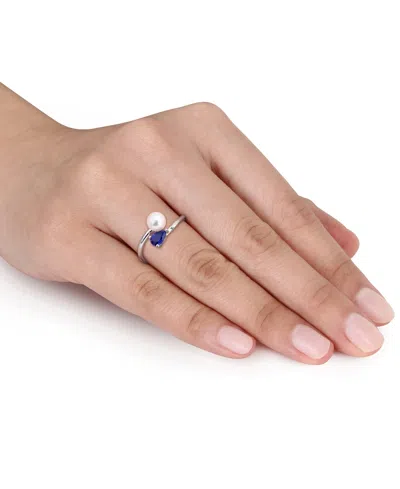 Macy's Cultured Freshwater Pearl (6mm) & Lab Grown Blue Sapphire (5/8 Ct. T.w.) Bypass Ring In Sterling Sil In Multi