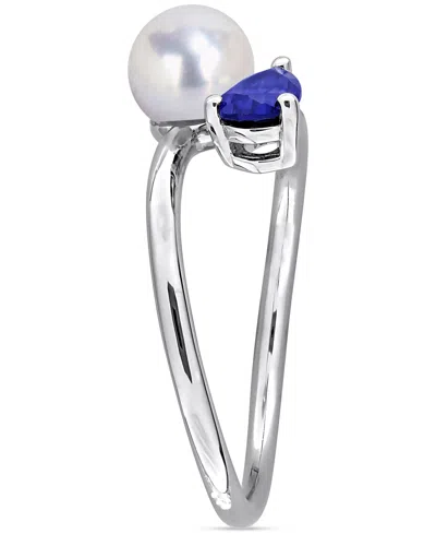Macy's Cultured Freshwater Pearl (6mm) & Lab Grown Blue Sapphire (5/8 Ct. T.w.) Bypass Ring In Sterling Sil In Multi