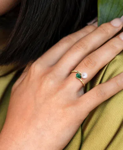 Macy's Cultured Freshwater Pearl & Lab-created Emerald Ring (3/8 Ct. T.w.) In 18k Gold-plated Sterling Silv In Gold