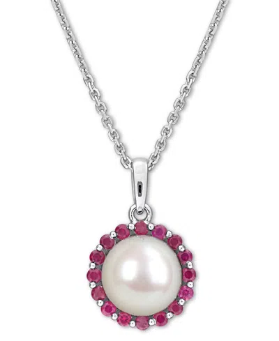 Macy's Cultured Freshwater Pearl (8mm) & Ruby (1/3 Ct. T.w.) 18" Pendant Necklace In Sterling Silver In Metallic