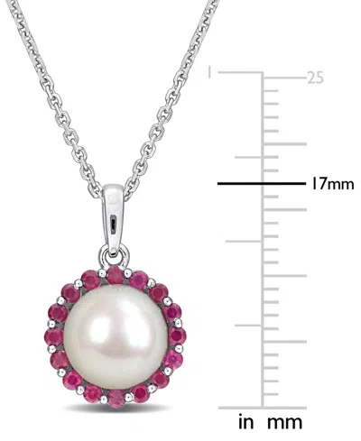 Macy's Cultured Freshwater Pearl (8mm) & Ruby (1/3 Ct. T.w.) 18" Pendant Necklace In Sterling Silver In Metallic