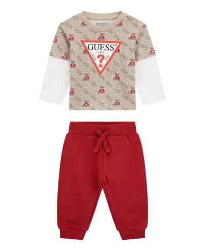 Guess Baby Boys 2-piece Long Sleeve T-shirt And Active Pant Set In Brown