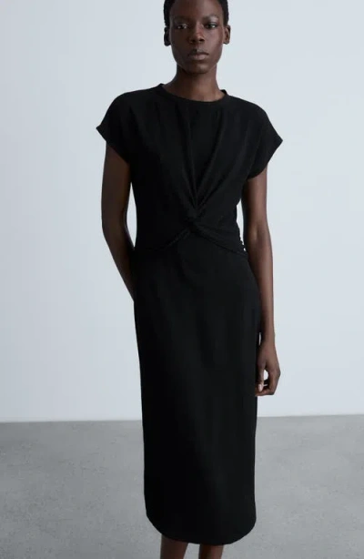Mango Knot Front Cap Sleeve Midi Dress In Black