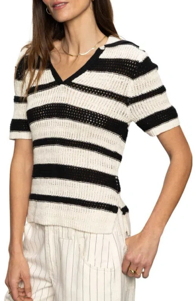 Sanctuary Stripe Cotton Polo Sweater In Bleached White Pinstripe