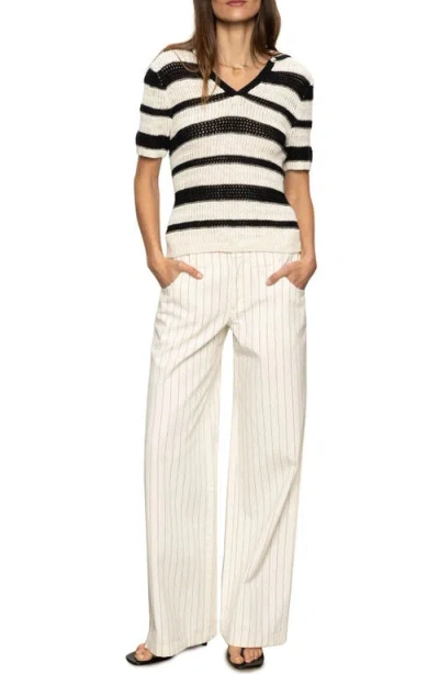 Sanctuary Stripe Cotton Polo Sweater In Bleached White Pinstripe