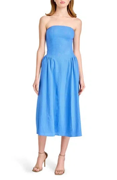 Wayf Giulia Strapless Linen Blend Midi Sundress In Blue