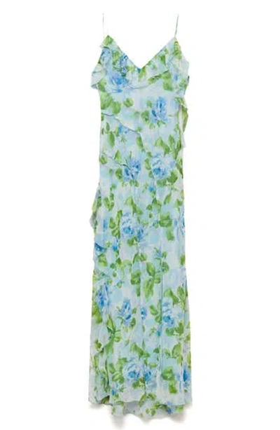 Mango Ruffled Floral Print Dress Sky Blue In Blue