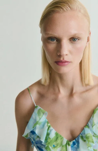 Mango Ruffled Floral Print Dress Sky Blue In Blue