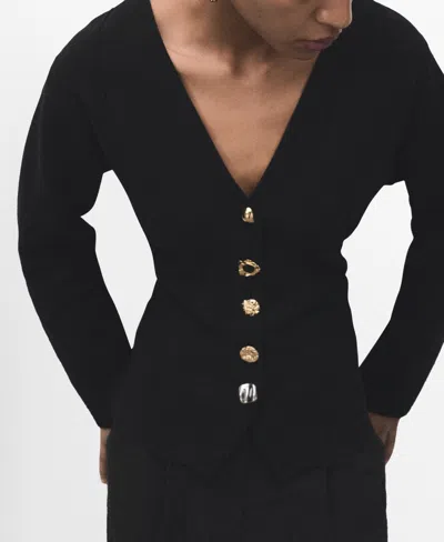 Mango Compact Knit Jacket With Statement Buttons In Black