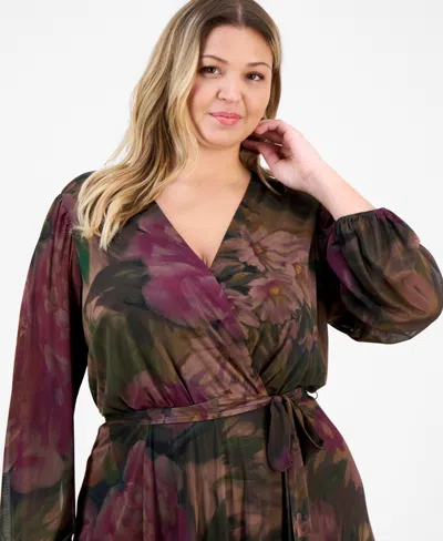 Robbie Bee Plus Size Long-sleeve Printed Mesh A-line Dress In Brown