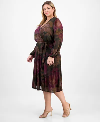 Robbie Bee Plus Size Long-sleeve Printed Mesh A-line Dress In Brown