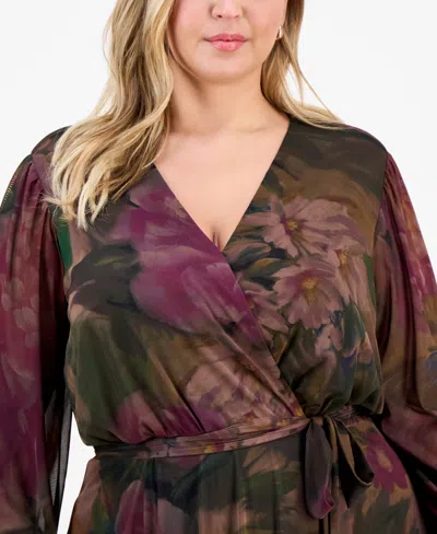 Robbie Bee Plus Size Long-sleeve Printed Mesh A-line Dress In Brown