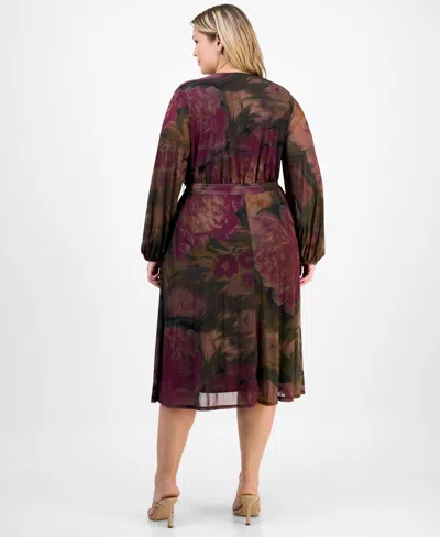 Robbie Bee Plus Size Long-sleeve Printed Mesh A-line Dress In Brown