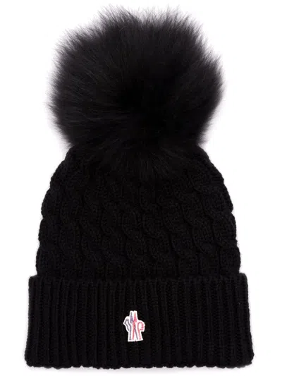 Moncler Wool Hat Featuring Cable Knit And Pom Detail In Black