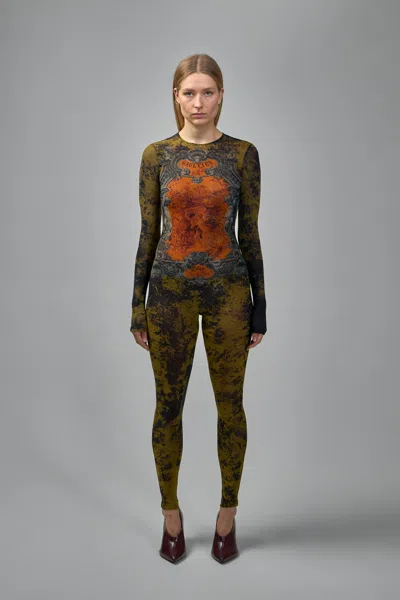 Jean Paul Gaultier Mesh Crew Neck Catsuit Printed Medaillon In Multi