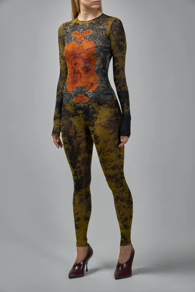 Jean Paul Gaultier Mesh Crew Neck Catsuit Printed Medaillon In Multi