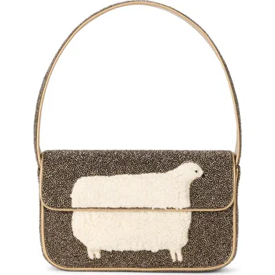 Staud Tommy Fleece-trimmed Beaded Satin Shoulder Bag In Pink