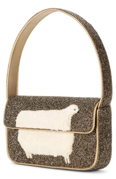 Staud Tommy Fleece-trimmed Beaded Satin Shoulder Bag In Pink