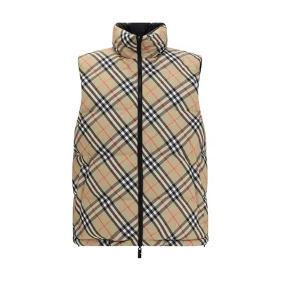 Burberry Beige Sleeveless Reversible Down Jacket With High Neck And All-over Check Motif In Tech Fabric Man In Neutral