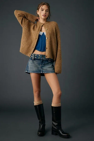 Kimchi Blue Backstage Belted Waistband Low-rise Denim Micro Mini Skirt In Light Blue, Women's At Urban Outfitter In Brown