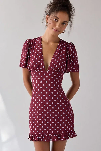 Kimchi Blue Dinner Date Plunging Flutter Sleeve Mini Dress In Red, Women's At Urban Outfitters In Brown