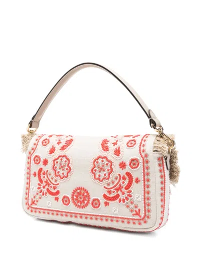 Fendi Baguette Embroidered Fringed Tote Bag In Neutral