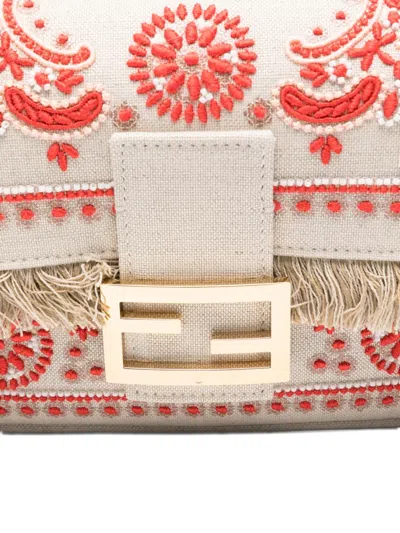 Fendi Baguette Embroidered Fringed Tote Bag In Neutral