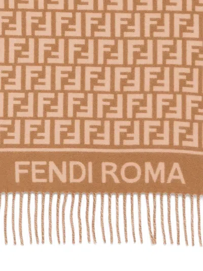 Fendi Ff Monogram Wool And Cashmere Fringed Scarf In Brown