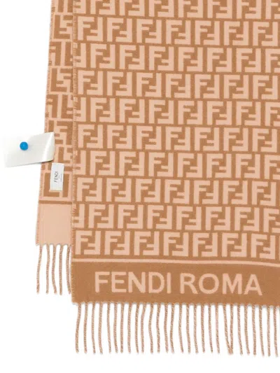 Fendi Ff Monogram Wool And Cashmere Fringed Scarf In Brown