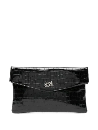 Secret Pon-pon Crocodile-embossed Logo-plaque Clutch Bag In Black