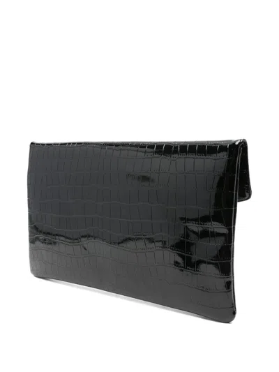 Secret Pon-pon Crocodile-embossed Logo-plaque Clutch Bag In Black