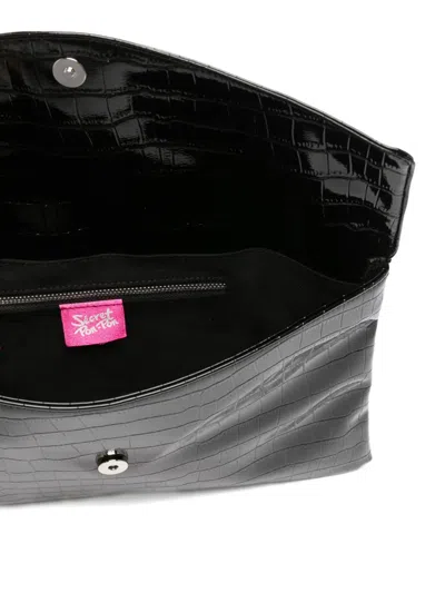 Secret Pon-pon Crocodile-embossed Logo-plaque Clutch Bag In Black