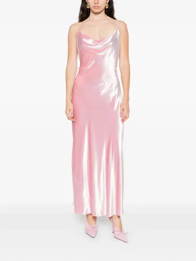Alberta Ferretti Soft Cowl Neck Long Velvet Gown In Pink