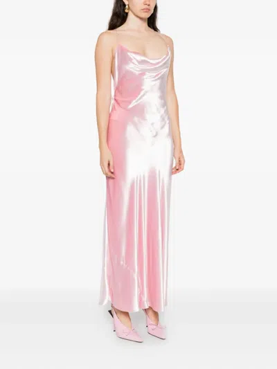 Alberta Ferretti Soft Cowl Neck Long Velvet Gown In Pink