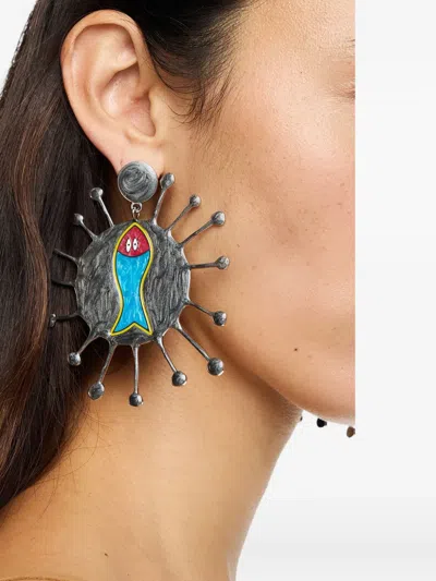 Bimba Y Lola Multicolor Enamel Fish Earrings In Gray